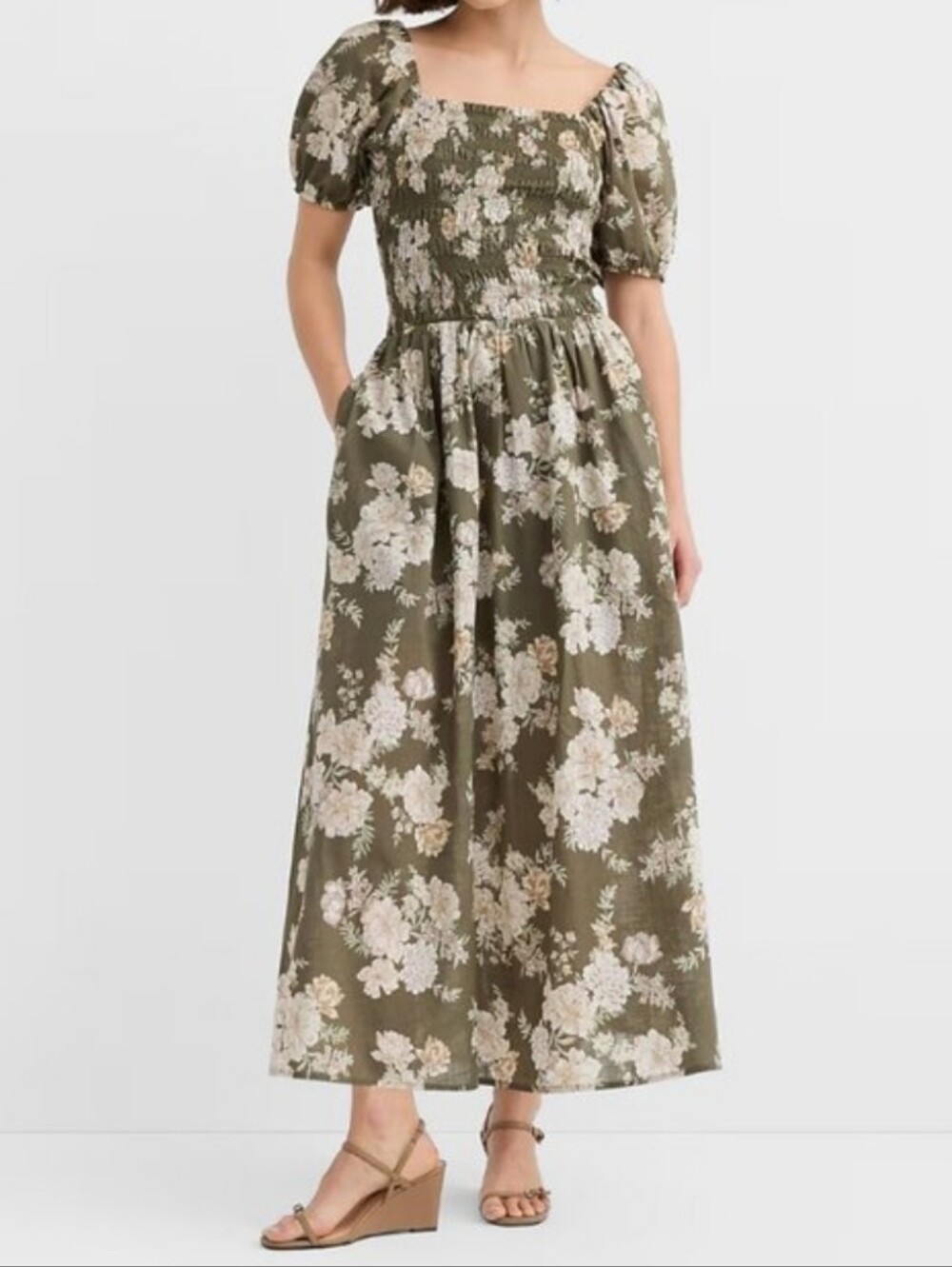 LOFT Olive Floral Puff-Sleeve Smocked Cottagecore Midi Dress S
